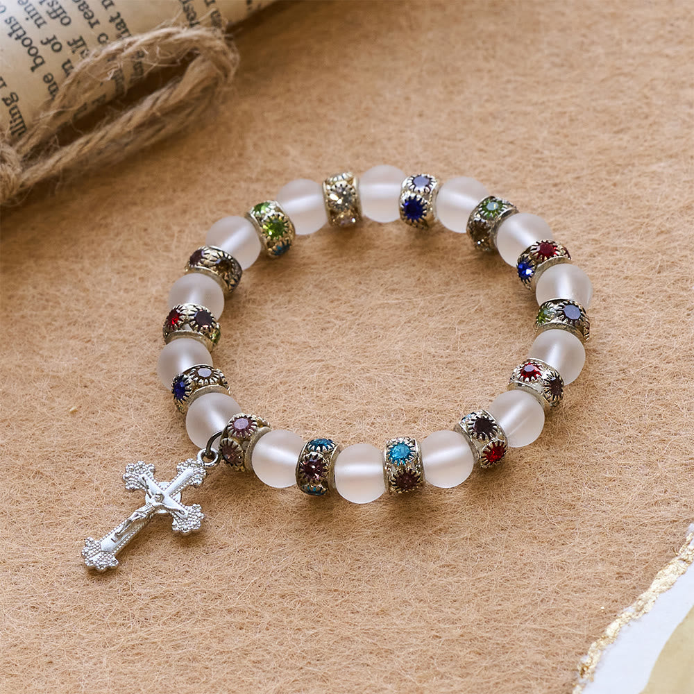 Christianartworkshop Frosted Green Agate & White Glass Cross Bracelet: Gentle Faith in Luminous Texture - image 15