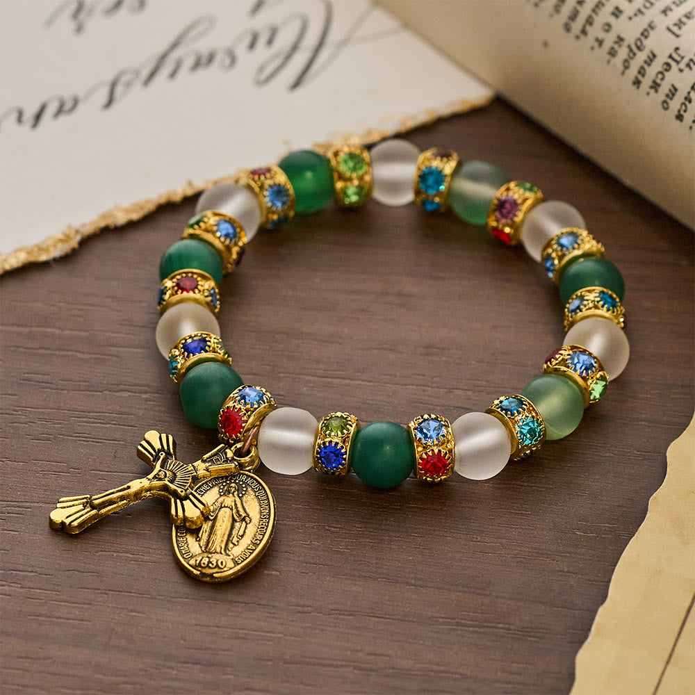 Christianartworkshop Smooth Frosted Agate Crucifx & Our Lady Bracelet: Remind of His Tender Love - Wrist Circumference: 9.06"/23cm - image 0