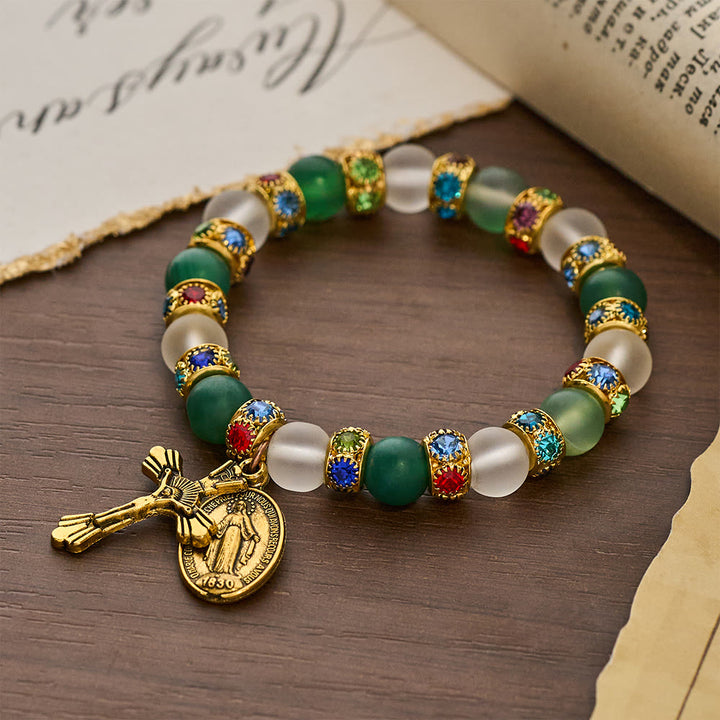 Christianartworkshop Smooth Frosted Agate Crucifx & Our Lady Bracelet: Remind of His Tender Love - Wrist Circumference: 9.06"/23cm - image 0