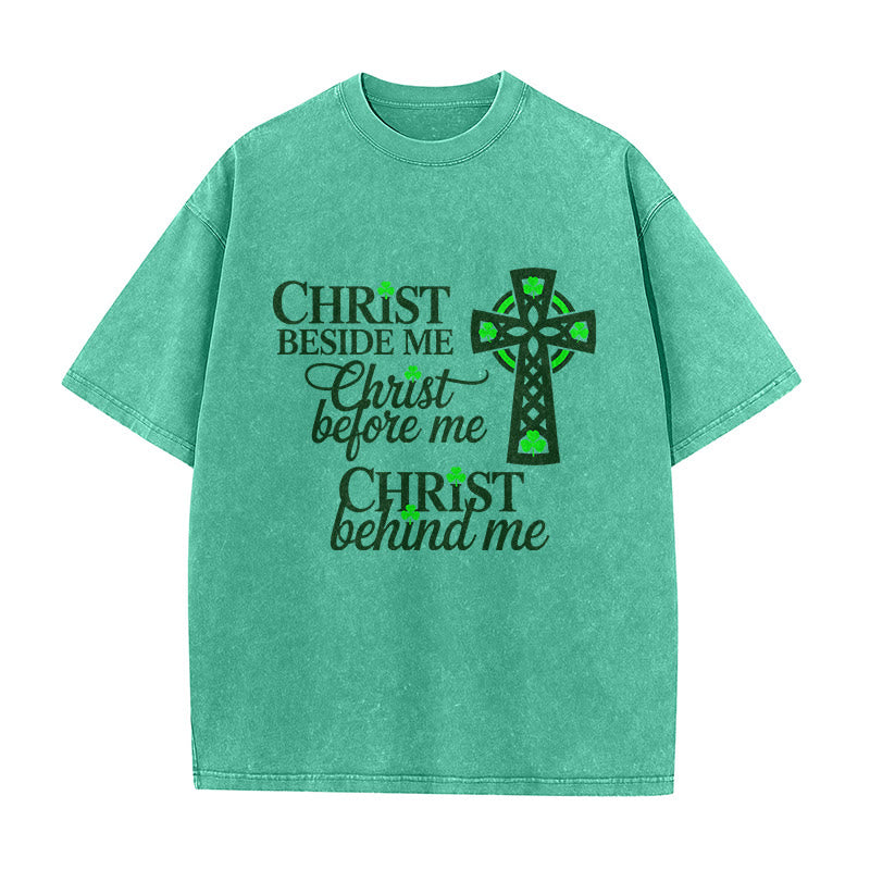 Christianartworkshop Christ Beside Me Celtic Cross Unisex Washed T-Shirt: Wear His Ever-Presence - Green - 5XL - image 0