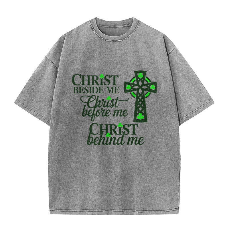 Christianartworkshop Christ Beside Me Celtic Cross Unisex Washed T-Shirt: Wear His Ever-Presence - Grey - 5XL - image 5