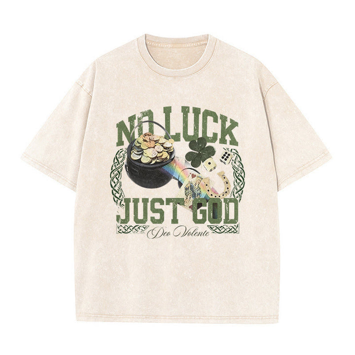 Christianartworkshop No Luck Just God St. Patrick’s Day Unisex Washed T-Shirt - Beige - 5XL - image 4