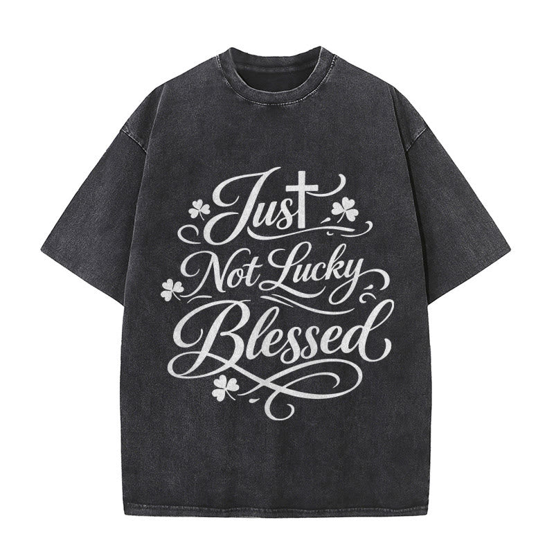 Christianartworkshop Just Not Lucky, Blessed Cross & Shamrock Unisex Washed T-Shirt - Black - 5XL - image 4