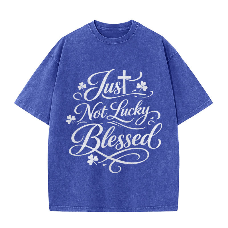Christianartworkshop Just Not Lucky, Blessed Cross & Shamrock Unisex Washed T-Shirt - Blue - 5XL - image 0