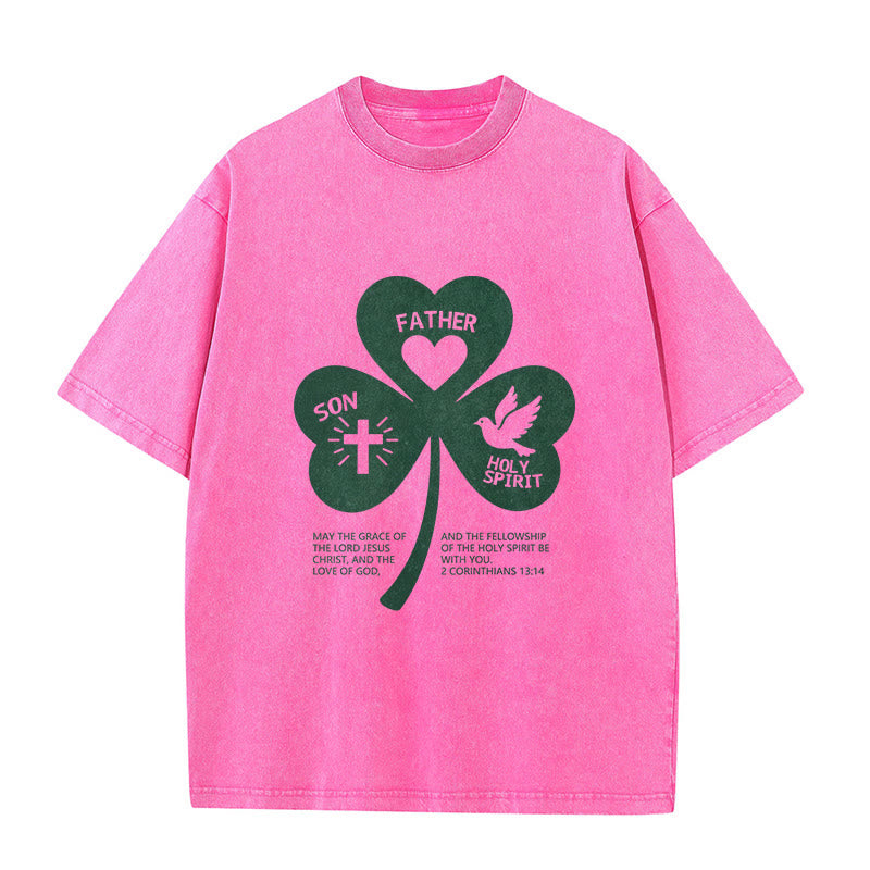 Christianartworkshop Trinity Shamrock 2 Corinthians 13:14 Unisex Washed T-Shirt - Pink - 5XL - image 0