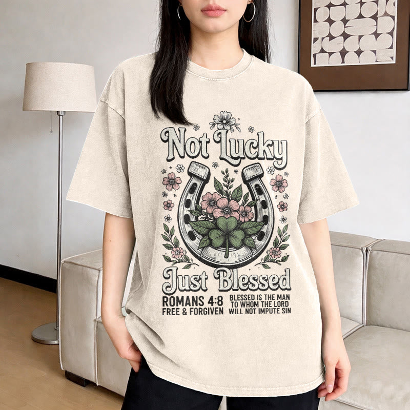 Christianartworkshop Not Lucky Just Blessed" Romans 4:8 Unisex Washed T-Shirt - image 2
