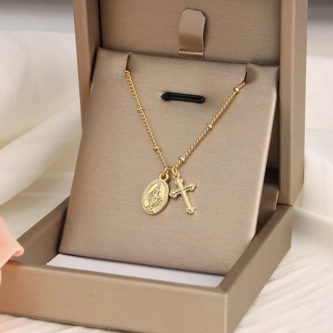 Christianartworkshop Cross & Our Lady Dual Pendant Golden Necklace: Embody His Grace and Maternal Care - image 2