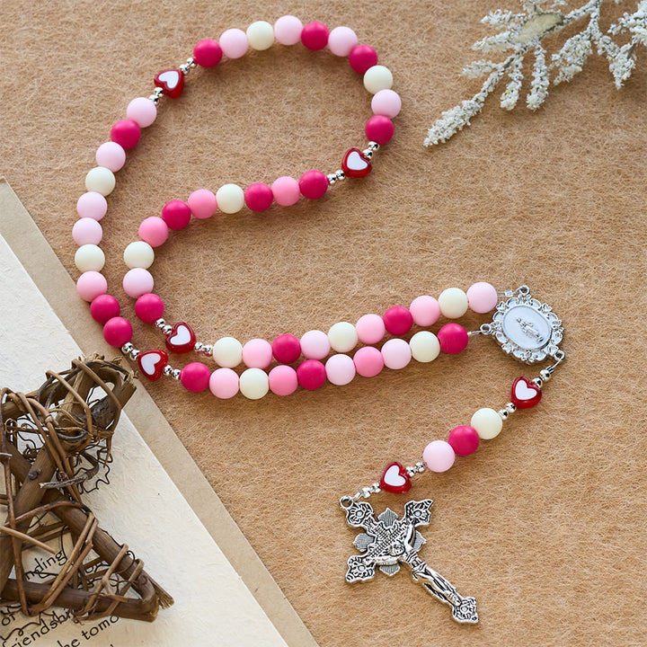 Christianartworkshop Our Lady Crucifix Pink Rosary with Heart Accents: Embody Sacred Love and Gentle Devotion - Our Lady & Crucifix - image 0