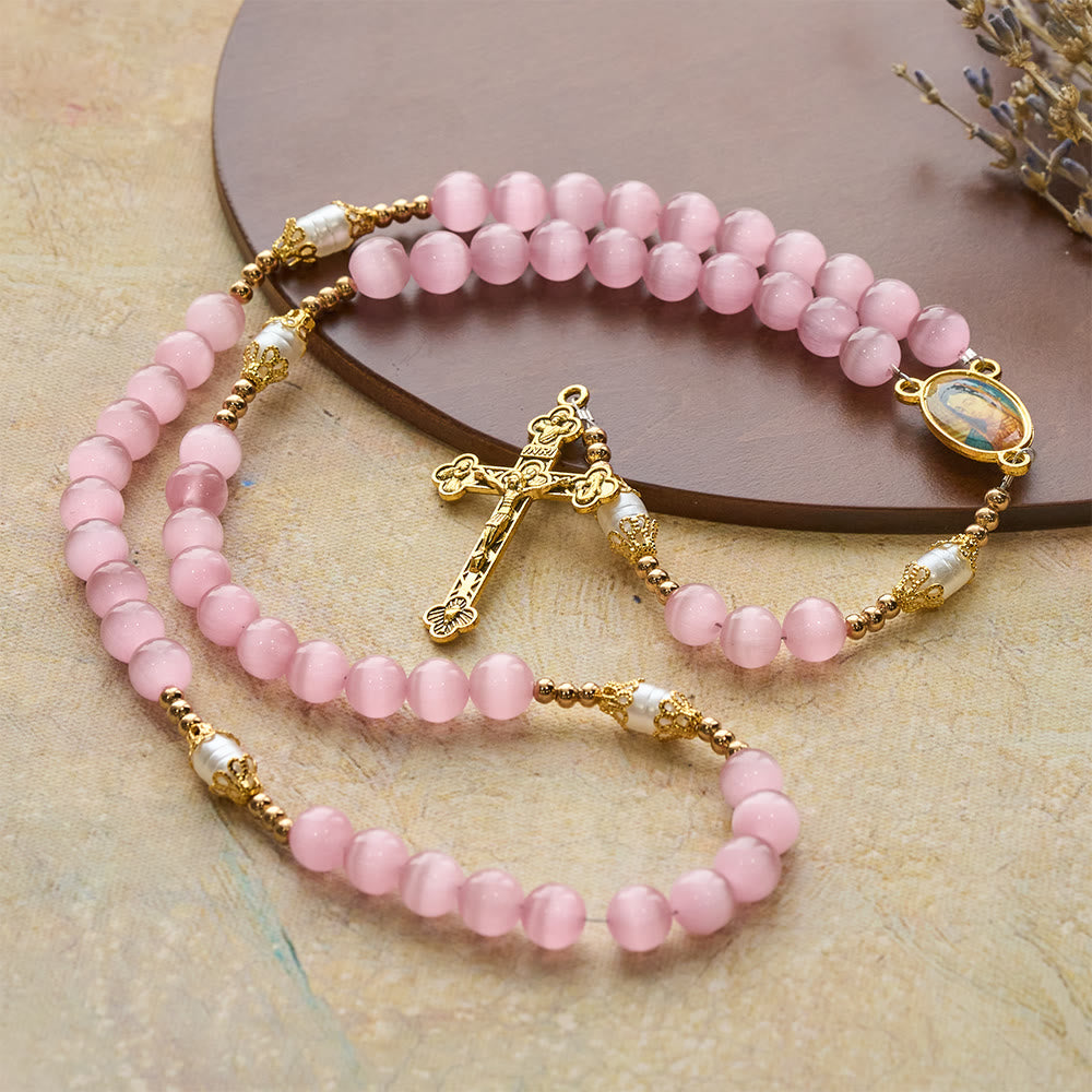 Christianartworkshop Pink Cat’s Eye & Acrylic Bead Our Lady Rosary: Embody Sacred Love and Gentle Devotion - image 3