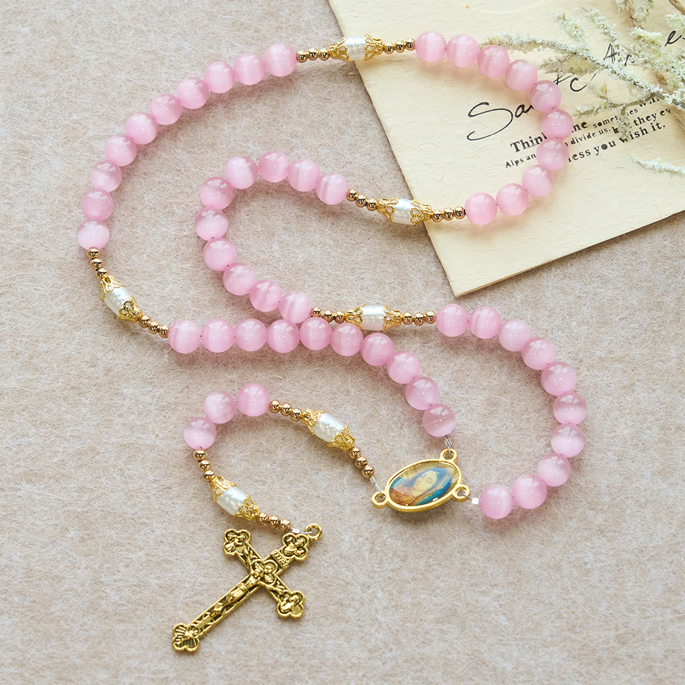 Christianartworkshop Pink Cat’s Eye & Acrylic Bead Our Lady Rosary: Embody Sacred Love and Gentle Devotion - image 2