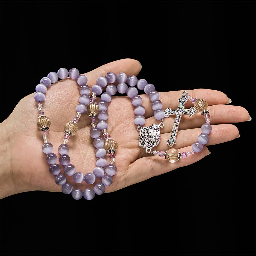 Christianartworkshop Purple Cat’s Eye & Champagne Lantern Bead Holy Family Rosary: Embody Serene Devotion - image 1