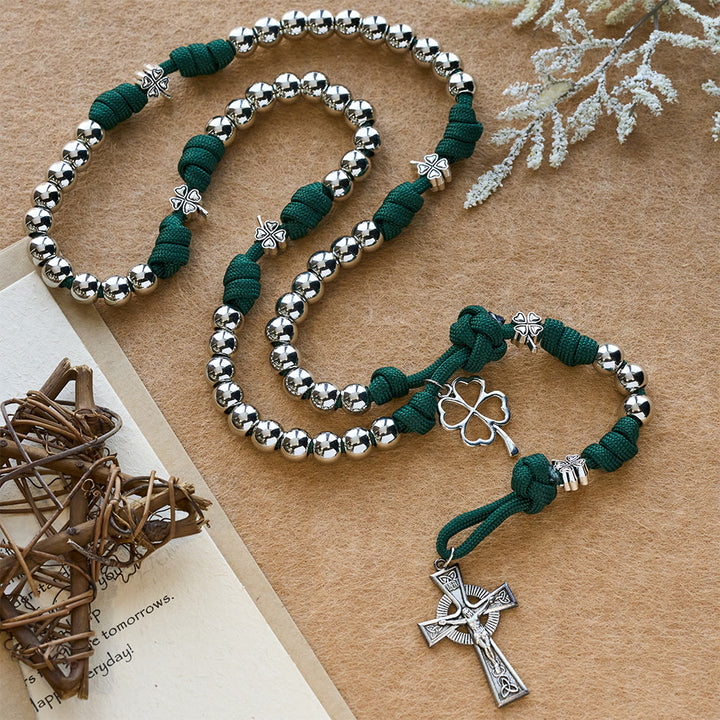 Christianartworkshop Paracord & Metal Bead Four-Leaf Clover Crucifix Rosary: Embody Sacred Strength and Devotion - Crucifix - image 0