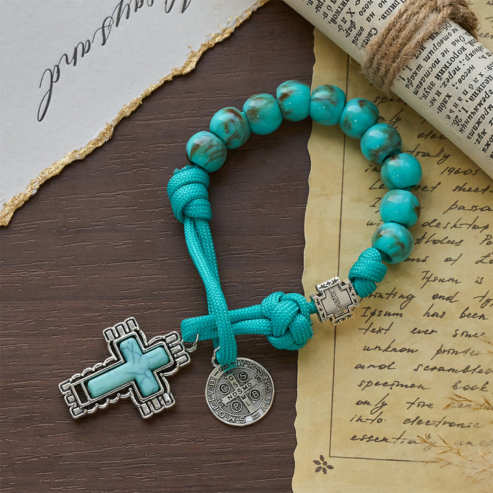 Christianartworkshop Turquoise Acrylic Bead Pocket Rosary with St. Benedict Medal & Inlaid Cross - image 5