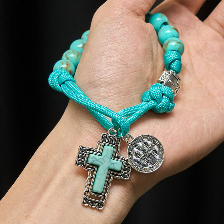 Christianartworkshop Turquoise Acrylic Bead Pocket Rosary with St. Benedict Medal & Inlaid Cross - image 1