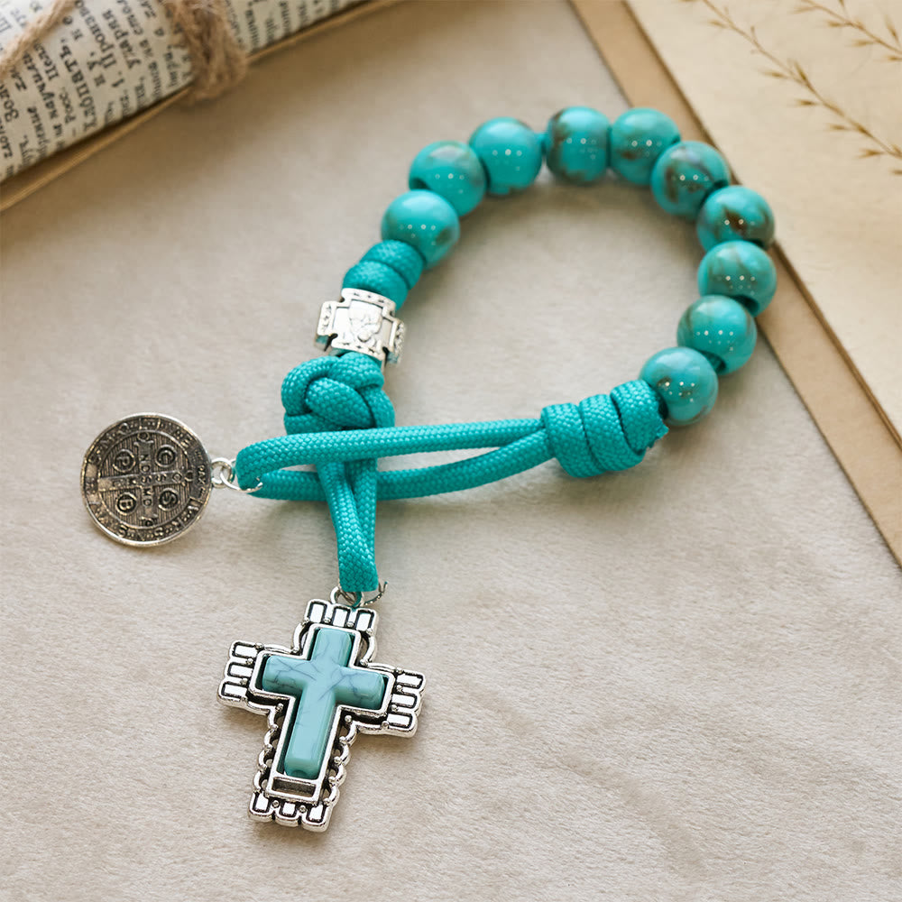 Christianartworkshop Turquoise Acrylic Bead Pocket Rosary with St. Benedict Medal & Inlaid Cross - image 3