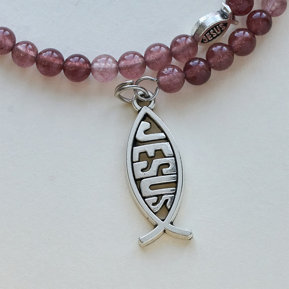 Christianartworkshop Strawberry Quartz Bracelet with Crucifix & Ichthys Charm - image 6
