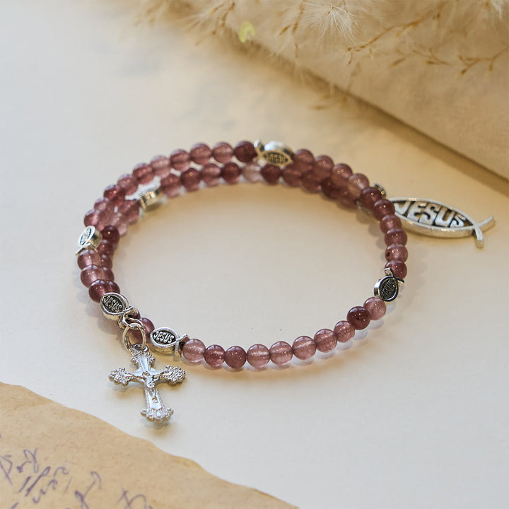 Christianartworkshop Strawberry Quartz Bracelet with Crucifix & Ichthys Charm - image 3