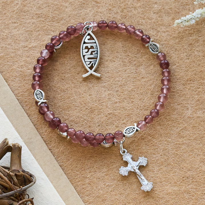 Christianartworkshop Strawberry Quartz Bracelet with Crucifix & Ichthys Charm - Strawberry Quartz - image 0
