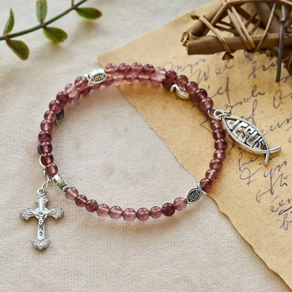Christianartworkshop Strawberry Quartz Bracelet with Crucifix & Ichthys Charm - image 4