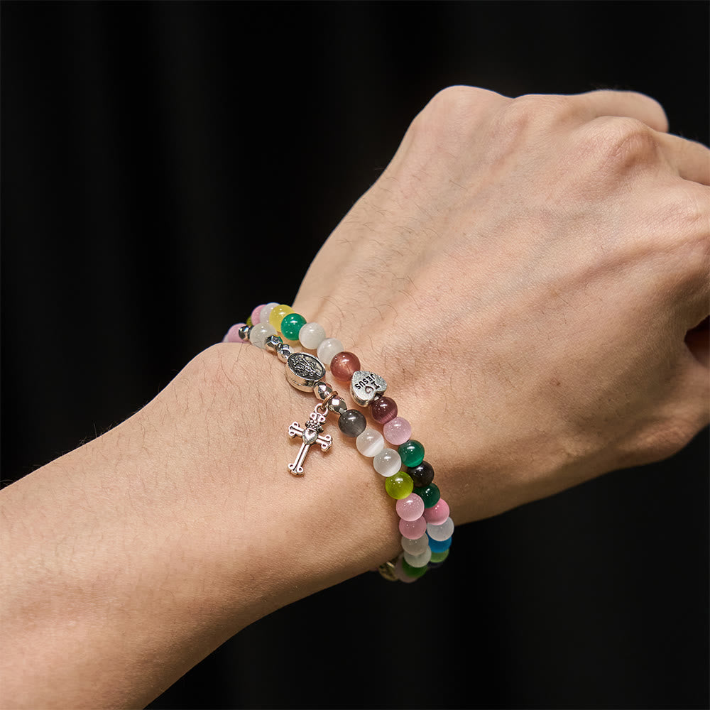 Christianartworkshop Multi-Color Cat’s Eye Bead Bracelet(Necklace for Kids) with I Love Jesus & Archangel Medals - image 1