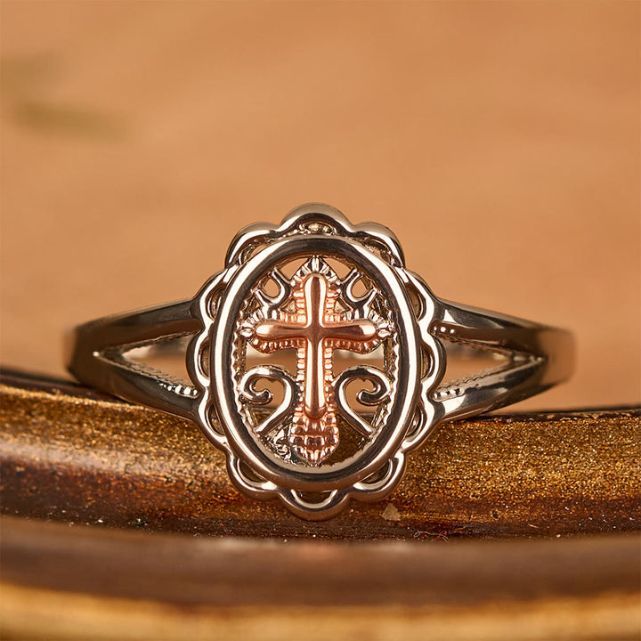 Christianartworkshop Dual - Tone Cross Ring: Silver & Rose Gold Filigree Faith Jewelry - Silver - US 10 - image 0