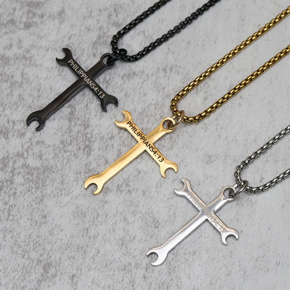 Christianartworkshop Minimalist Tricolor Wrench Cross Necklace with Faith & Strength Bible Verse - image 1