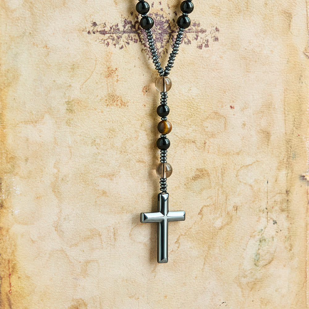 Christianartworkshop Natural Obsidian Tiger's Eye Rosary Necklace - Hematite Stone Cross Protection Rosary - image 7