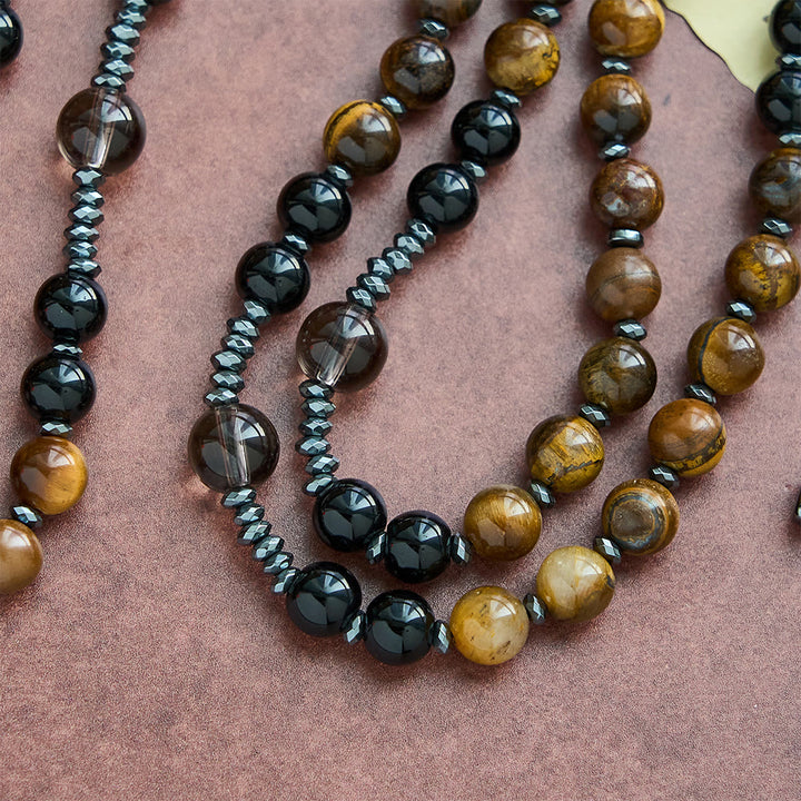 Christianartworkshop Natural Obsidian Tiger's Eye Rosary Necklace - Hematite Stone Cross Protection Rosary - image 3