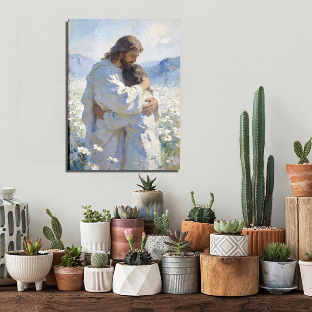 Christianartworkshop Jesus’ Tender Embrace in Flower Field Wall Art Print: Visual Reminder of His Unconditional Love - image 6
