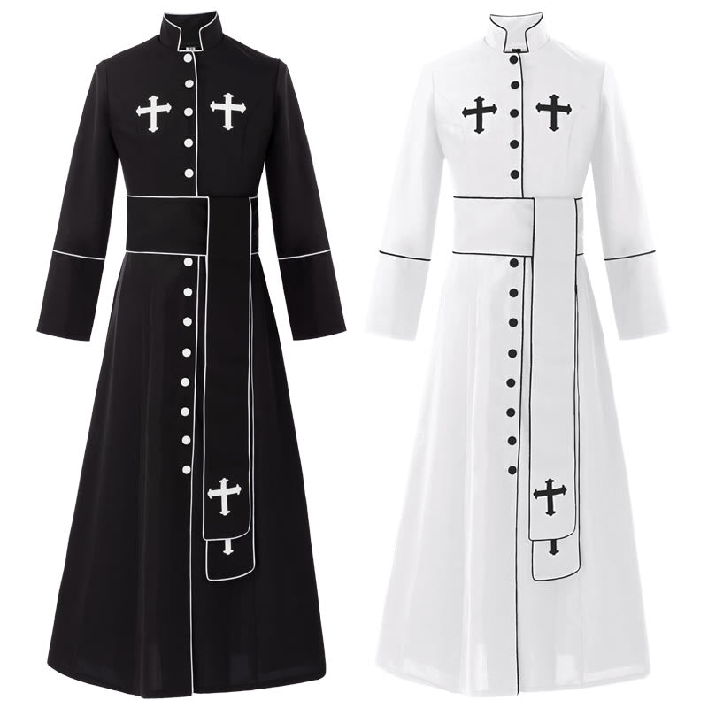 Christianartworkshop Ceremonial Black and White Stand Collar Clergy Robe with Belt & Cross Motifs - image 2