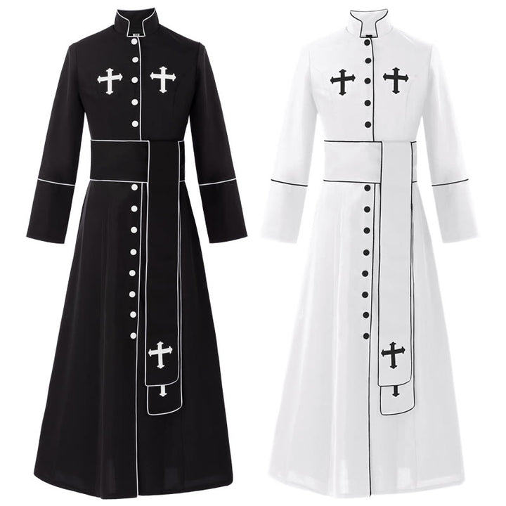 Christianartworkshop Ceremonial Black and White Stand Collar Clergy Robe with Belt & Cross Motifs - image 2