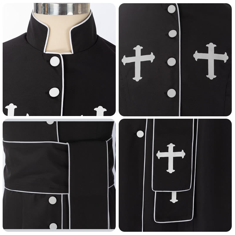Christianartworkshop Ceremonial Black and White Stand Collar Clergy Robe Cassock with Belt & Cross Motifs - image 10
