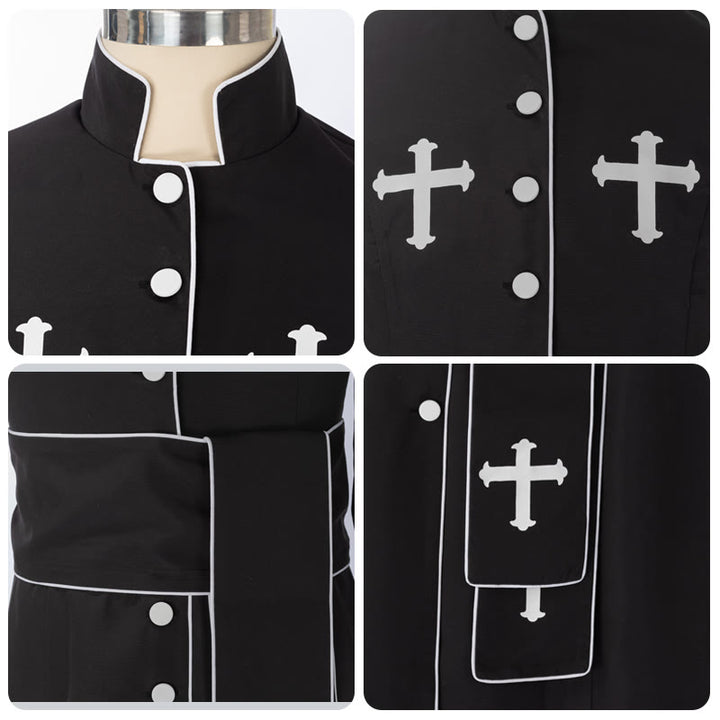 Christianartworkshop Ceremonial Black and White Stand Collar Clergy Robe with Belt & Cross Motifs - image 11