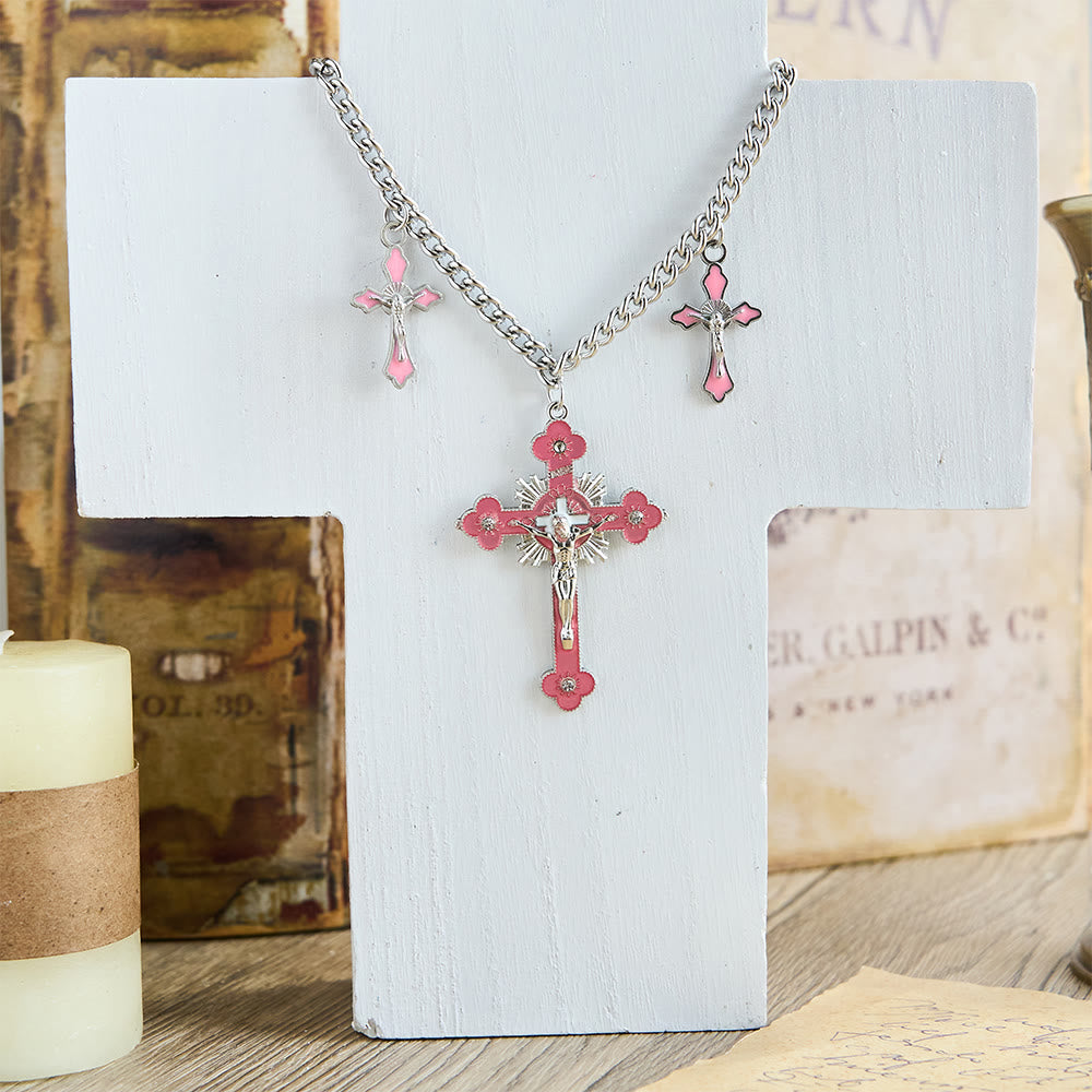 Classic Style Colorful Crafted Triple Crucifix Pendant Chain Necklace - Pink - image 1