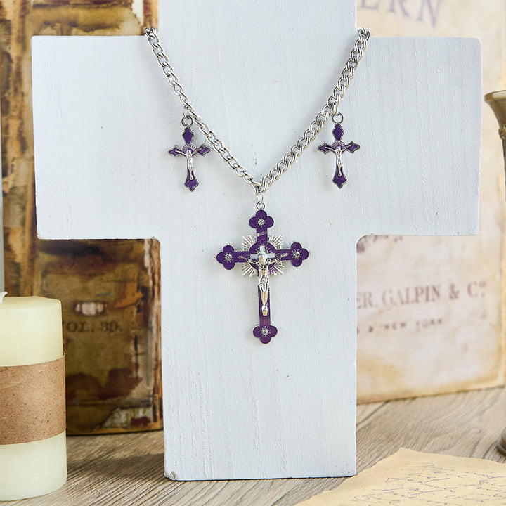 Classic Style Colorful Crafted Triple Crucifix Pendant Chain Necklace - Purple - image 2