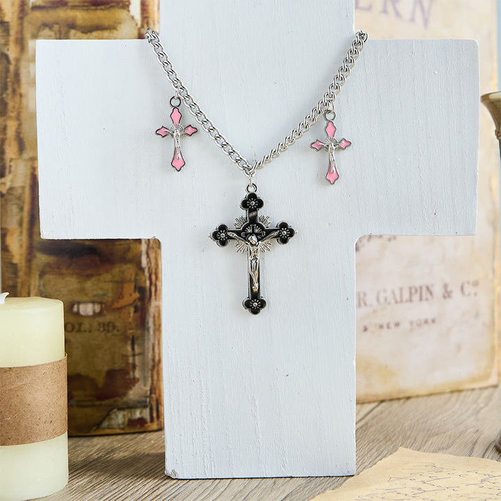 Classic Style Colorful Crafted Triple Crucifix Pendant Chain Necklace - Black - image 3