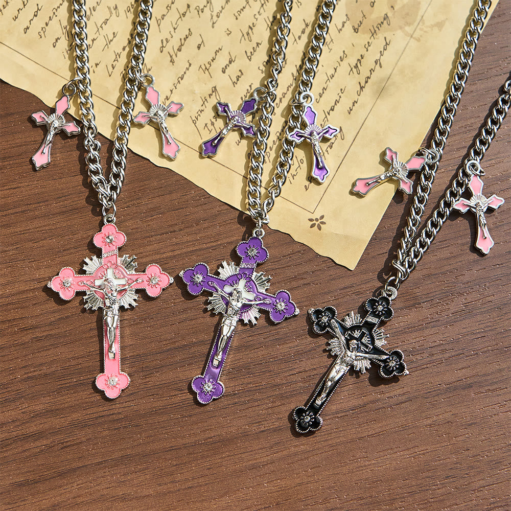 Classic Style Colorful Crafted Triple Crucifix Pendant Chain Necklace - image 0