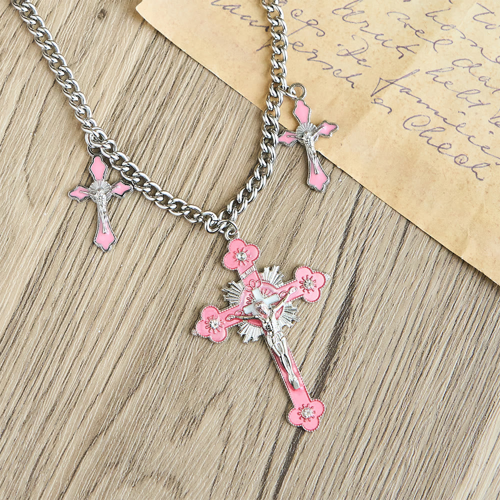 Classic Style Colorful Crafted Triple Crucifix Pendant Chain Necklace - image 4