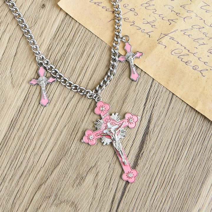 Classic Style Colorful Crafted Triple Crucifix Pendant Chain Necklace - image 4