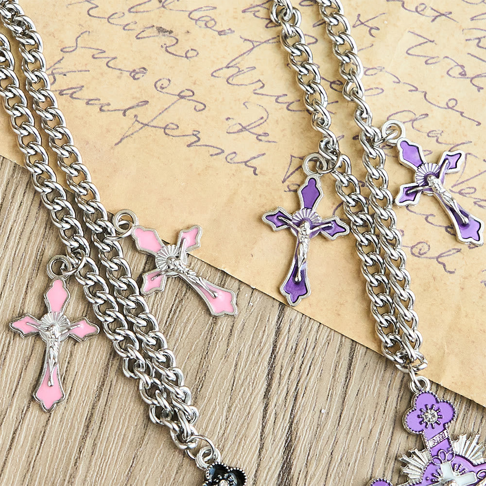 Classic Style Colorful Crafted Triple Crucifix Pendant Chain Necklace - image 7