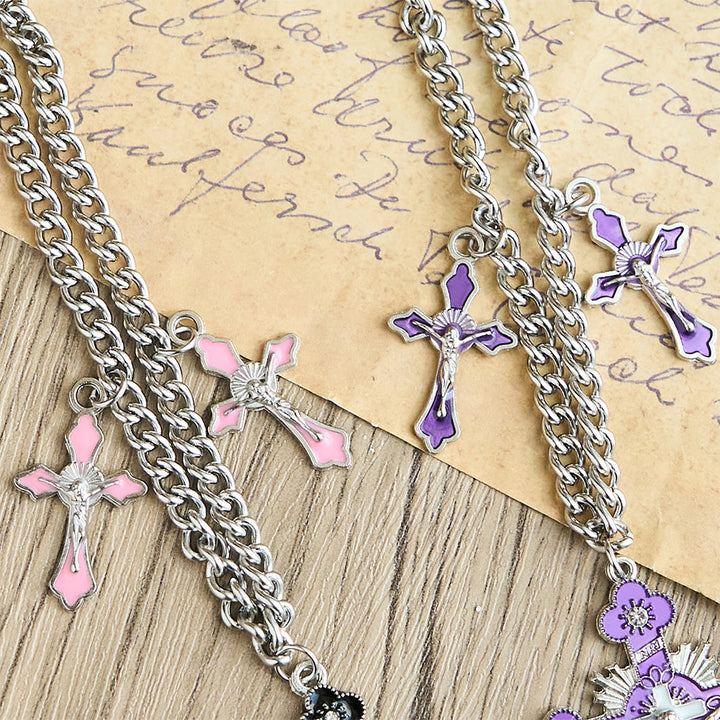 Classic Style Colorful Crafted Triple Crucifix Pendant Chain Necklace - image 7