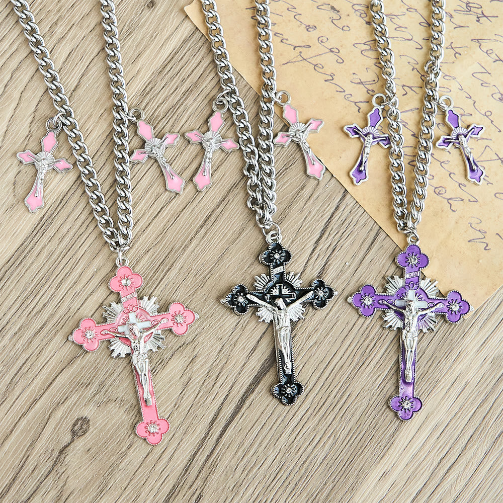 Classic Style Colorful Crafted Triple Crucifix Pendant Chain Necklace - image 8