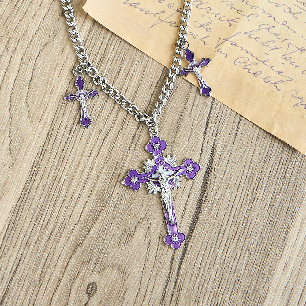 Classic Style Colorful Crafted Triple Crucifix Pendant Chain Necklace - image 5
