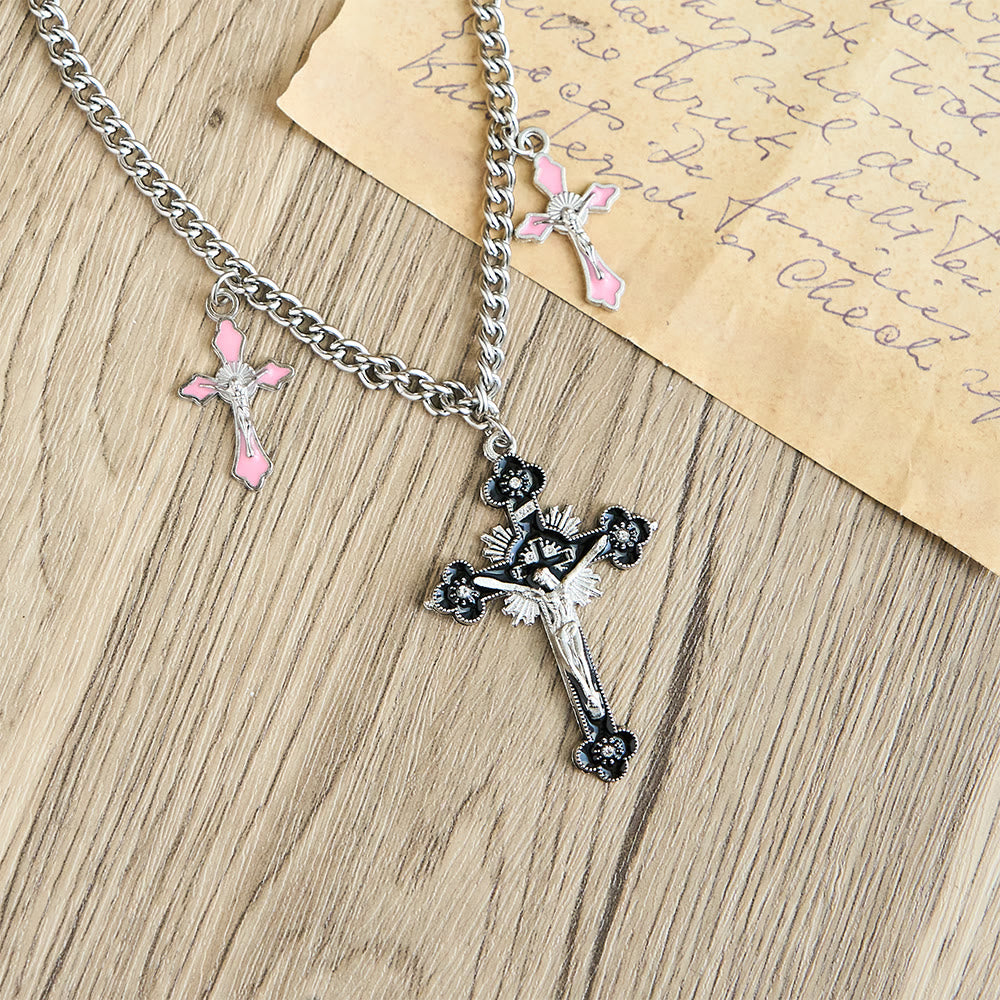 Classic Style Colorful Crafted Triple Crucifix Pendant Chain Necklace - image 6
