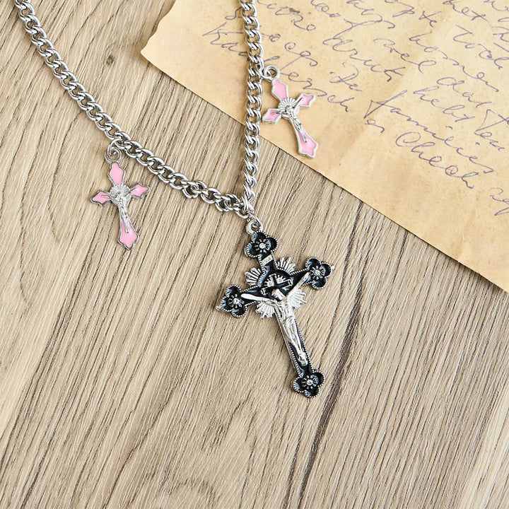 Classic Style Colorful Crafted Triple Crucifix Pendant Chain Necklace - image 6