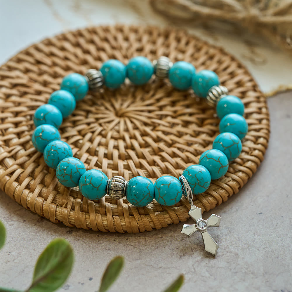 Christianartworkshop Hand-Crafted Turquoise Beaded Cross Pendant Bracelet - Turquoise Beaded - image 0