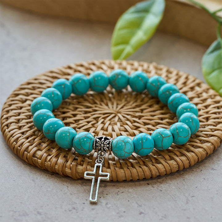 Christianartworkshop 10mm Turquoise Beads Christian Cross Bracelet - Silver - image 1