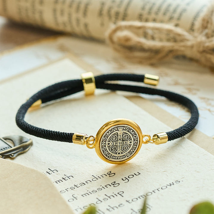 Christianartworkshop St. Benedict Medal Black Rope Cord Adjustable Bracelet - Black Cord - image 0