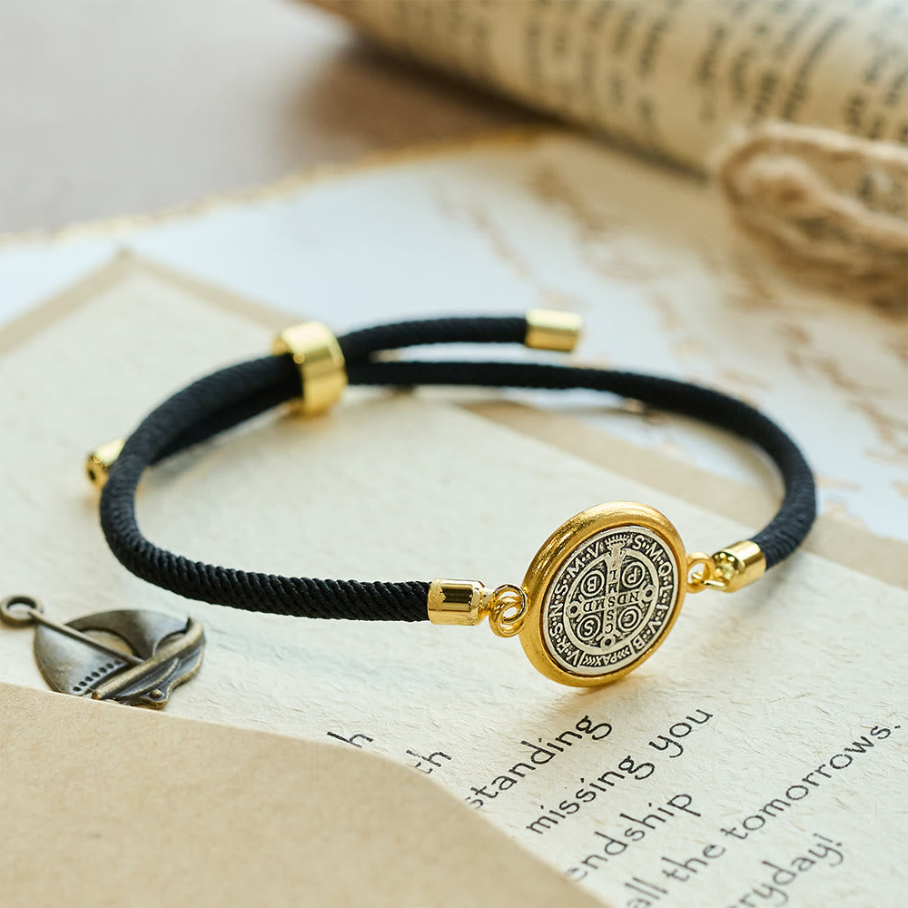 Christianartworkshop St. Benedict Medal Black Rope Cord Adjustable Bracelet - image 1