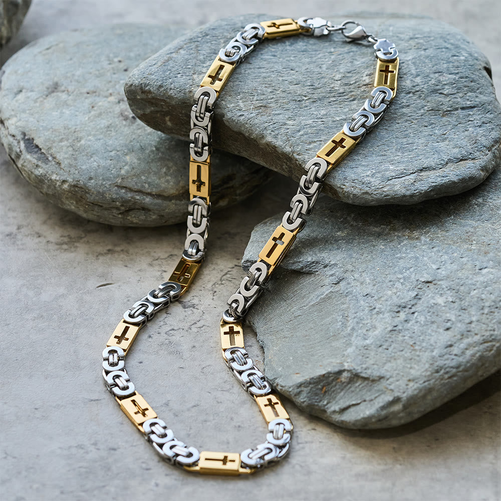 Christianartworkshop Tri - Color Cross - Embedded Chain Necklace & Bracelet: Bold Faith Statement - Necklace - Golden and Silver - 8MM - image 2